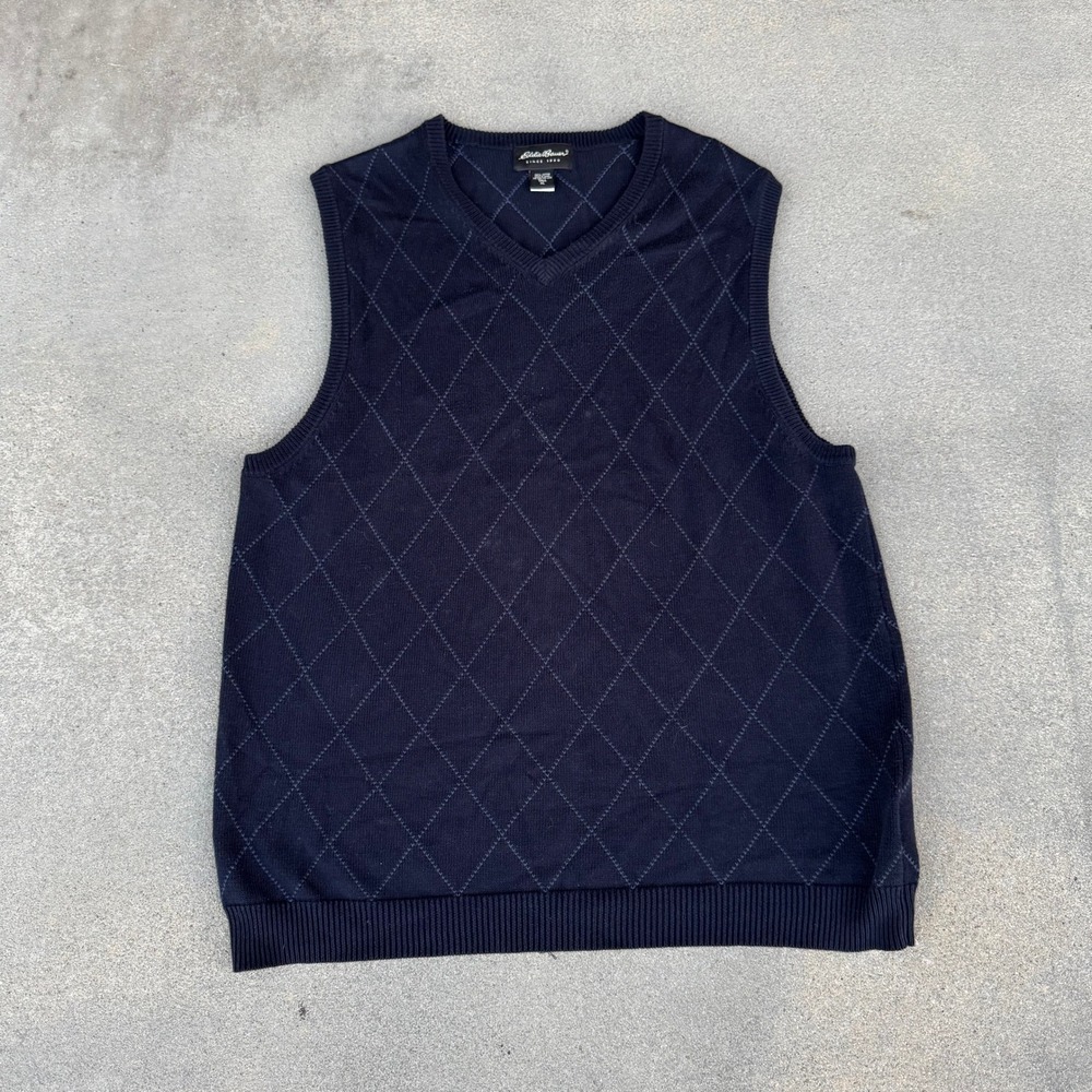 Eddie Bauer Mens XL Tall Navy Blue Argyle V-Neck 100% Cotton Sweater Vest